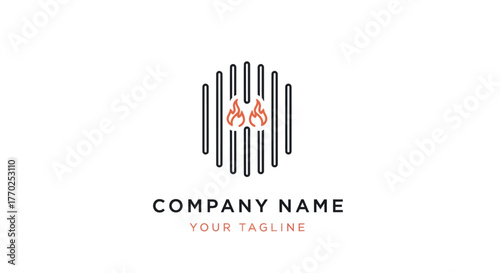 Grill logo design with fire flames and vertical lines for company branding.