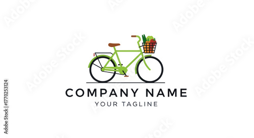 Green bicycle with a basket full of groceries ready for delivery service.