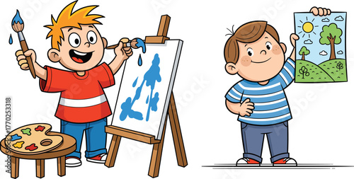Children painting and drawing, creative classroom, art activity, preschool education, hands-on learning, imagination, canvas and sketch, vector cartoon, colorful design