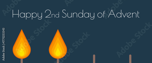 Happy 2nd Sunday of Advent - Schriftzug in englischer Sprache - Schönen 2. Adventssonntag. Minimalistische Adventskarte mit zwei Flammen.