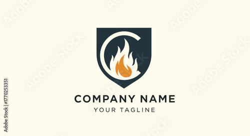 Shield logo with fire flame and company name for branding.