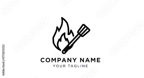Simple line art logo of a BBQ spatula with fire.