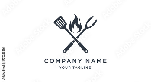 Barbecue logo design with crossed spatula and fork with fire flame symbol.
