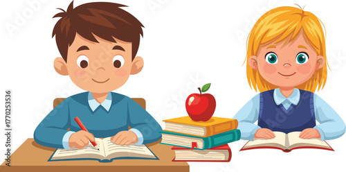 Children reading books at desk, boy writing in notebook, girl reading book, academic study, classroom learning, education concept, vector illustration