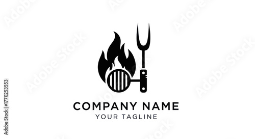 Grill with Flames and Fork Logo for BBQ or Restaurant.