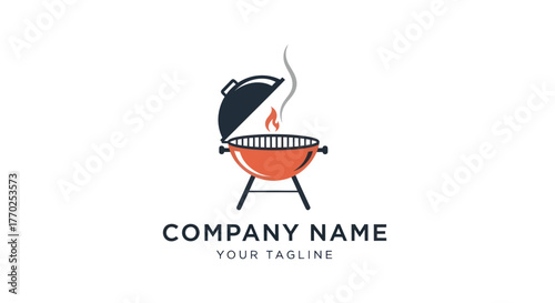 Barbecue grill logo design with open lid and smoke rising upwards.