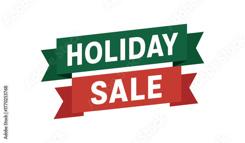 Flat vector banner design text HOLIDAY SALE bold clean font green and red palette ribbon festive style isolated on white