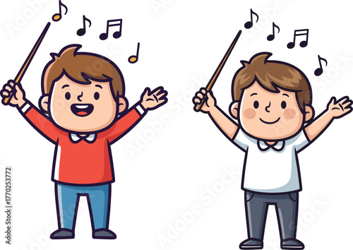 Cute cartoon kids playing music with drumsticks, cheerful boys conducting melody with musical notes, fun children performing rhythm, happy music illustration