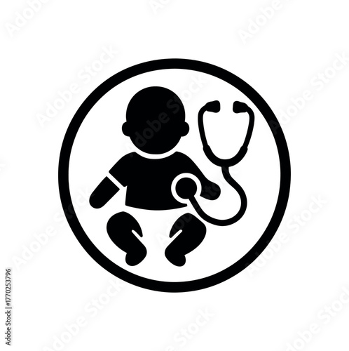 pediatrician approved icon with baby and stethoscope flat black solid vector illustration isolated on white background negative prompt: no numbers