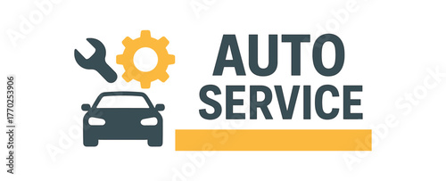 Flat vector banner design text AUTO SERVICE supporting icons of wrench gear and silhouette steel gray and palette isolated on white marketing approved bright palette with balanced