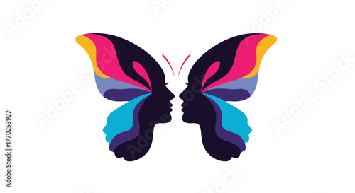 Vibrant illustration featuring a butterfly whose wings are creatively formed by two facing female profiles, representing identity and connection.