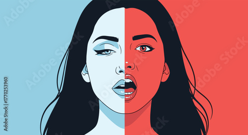 Stylized illustration of a woman's face with contrasting blue serene and red agitated halves, representing conflicting emotions.
