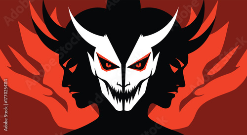 A dramatic graphic illustration of a multi-faced demon with a menacing white horned face, flanked by dark silhouettes, against a blazing red backdrop.