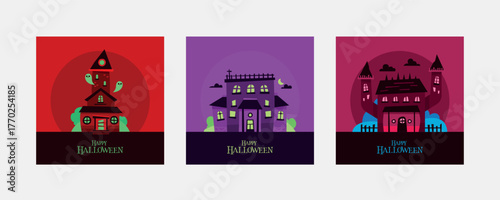 Set of three Happy Halloween social media posts featuring stylized, eerie haunted houses with glowing windows against contrasting red, purple, and magenta backgrounds.