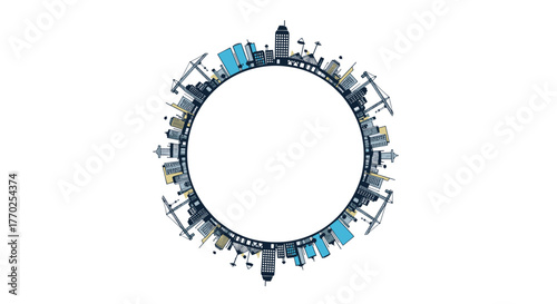 Circular cityscape illustration depicting urban development, construction, and modern city life with various buildings and cranes.