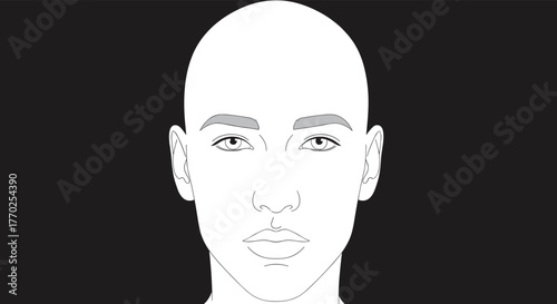 Graphic illustration of a human head, featuring a bald silhouette with outlined facial details and gray eyebrows, isolated on black.