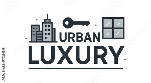 Flat vector banner design text URBAN LUXURY supporting icons of skyline key and window black and silver palette isolated on white marketing approved bright palette with balanced saturation