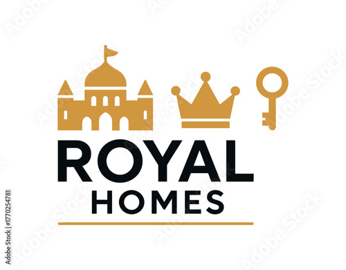 Royal homes banner with castle, crown and key icons. Luxury real estate brand promotion. Flat vector illustration.