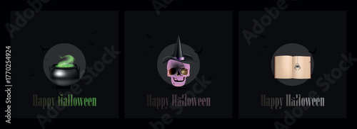 Set of three Happy Halloween minimal social media templates on a dark background. Features a bubbling cauldron, a glowing skull, and a spell book with a magical element.