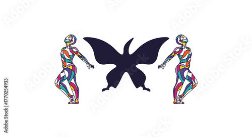 Colorful abstract human figures flank a mysterious dark butterfly, embodying themes of transformation, art, spirituality, and human connection.