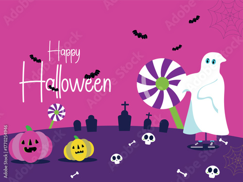 Cute and modern Happy Halloween postcard illustration in pink and purple. A ghost holds a giant lollipop in a graveyard with skulls, tombstones, and stylized pumpkins.