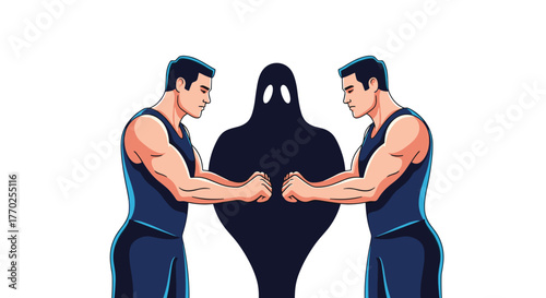 Two identical men in athletic wear push with their fists against a shadowy, ghost-like figure, representing a struggle or confrontation.