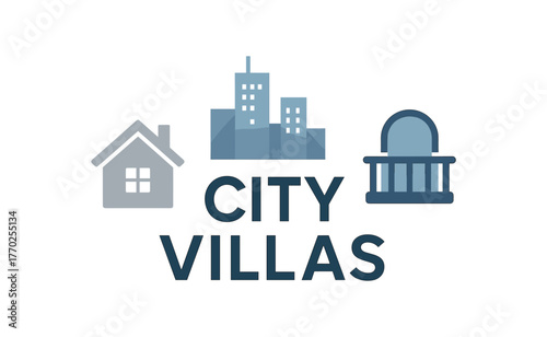 Flat vector banner design text CITY VILLAS supporting icons of house skyline and balcony silver and blue tones isolated on white marketing approved bright palette with balanced saturation