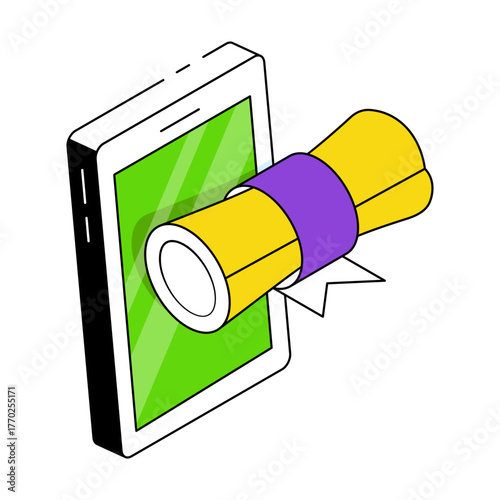 Paper with badge, isometric design of mobile degree icon