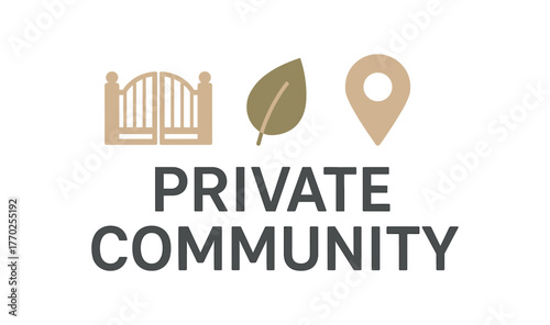Flat vector banner design text PRIVATE COMMUNITY supporting icons of gate leaf and map pin beige and gray tones isolated on white marketing approved bright palette with balanced saturation