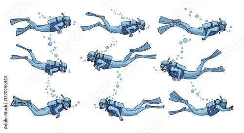 Sequence of cartoon scuba divers in various swimming postures, exhaling bubbles, illustrating underwater motion and exploration.