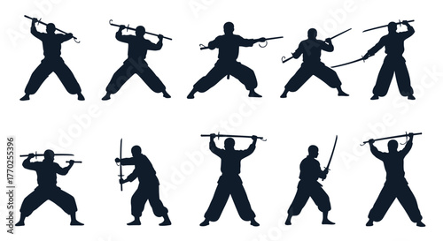 Collection of ninja warrior silhouettes in dynamic martial arts poses, showcasing various traditional Japanese weapons and fighting techniques.