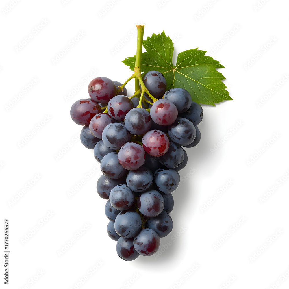 Fototapeta premium Fresh Bunch of Juicy Red Grapes with Green Stem Isolated on White Background 