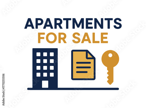 Flat vector banner design text APARTMENTS FOR SALE supporting icons of high rise document and key navy and gold palette isolated on white marketing approved bright palette with balanced