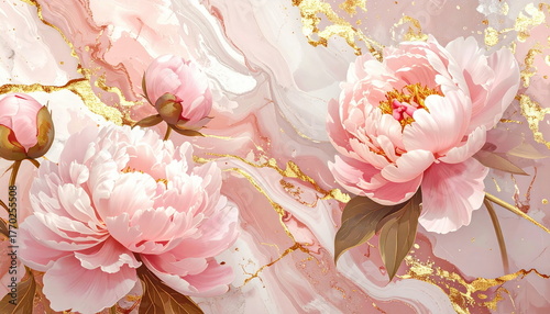Pink peonies bloom beautifully on a marble surface with shimme gold accents in an elegant floral art piece.