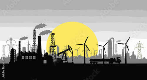 Industrial landscape with traditional and renewable energy infrastructure silhouetted against a large yellow sun.