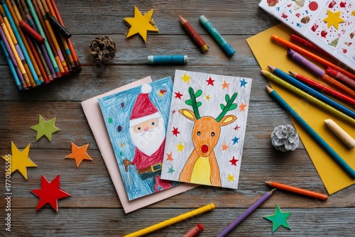 Handmade Christmas cards featuring colorful drawings of Santa Claus and a reindeer, surrounded by art supplies, creating a festive and creative atmosphere for holiday crafting