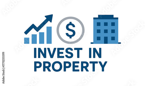 Flat vector banner design text INVEST PROPERTY supporting icons of chart coin and building blue and silver palette isolated on white marketing approved bright palette with balanced