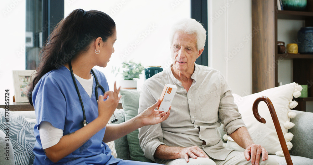 Fototapeta premium Nurse, pills and help with old man on sofa for medical treatment, support or consulting. Medicine, dosage and caregiver with senior patient and woman in living room of home for healthcare advice