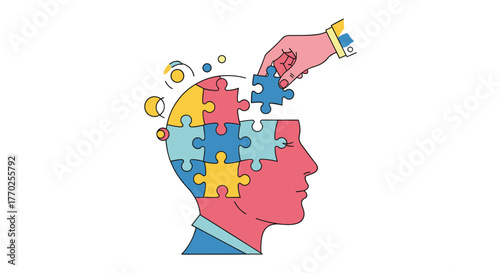 A hand places the final puzzle piece into a human head, symbolizing problem-solving, mental development, and understanding.