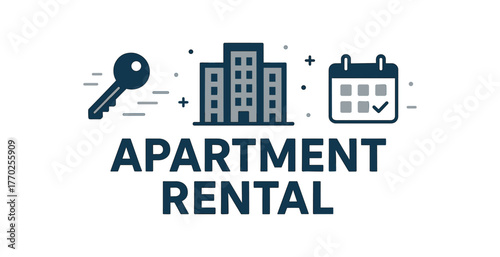 Flat vector banner design text APARTMENT RENTAL supporting icons of key building and calendar navy and silver tones isolated on white marketing approved bright palette with balanced