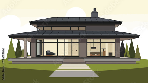 Illustration of a modern house with large windows and a chimney on a sunny day outside lawn
