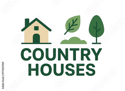 Flat vector banner design text COUNTRY HOUSES supporting icons of cottage leaf and tree green and beige tones isolated on white marketing approved bright palette with balanced saturation