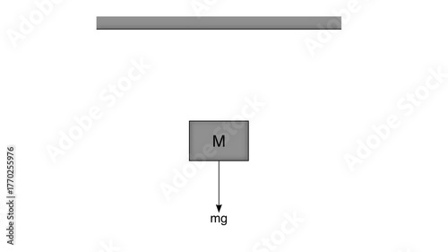 Physics diagram showing a hanging mass M with tension force T upward and gravitational force mg downward, explaining tension, equilibrium, and Newton’s second law, Isaac Newton's physics mechanics