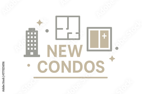 Flat vector banner design text NEW CONDOS supporting icons of tower plan and window silver and beige palette isolated on white marketing approved bright palette with balanced saturation