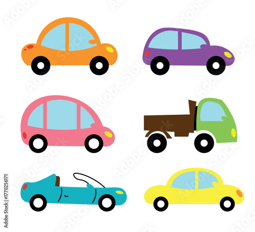 Set of cute cars in cartoon style. Vector illustration of children's toy cars, trucks, convertible in different colors: orange, purple, pink, green, blue, yellow isolated on a white background.