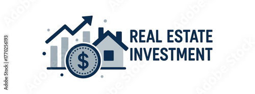 Flat vector banner design text REAL ESTATE INVESTMENT supporting icons of chart coin and house navy and silver tones isolated on white marketing approved bright palette with balanced