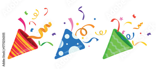 Set of festive crackers in cartoon style. Vector illustration of colorful cone-shaped firecrackers with stripes, dots, waves, streamers, confetti, isolated on white background. Poppers for confetti.