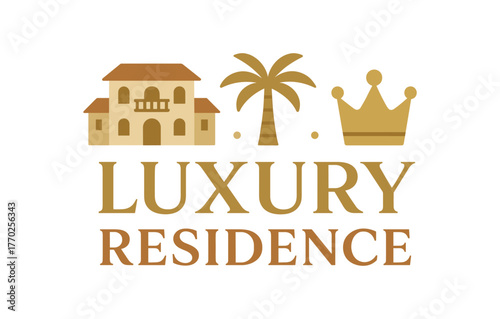 Flat vector banner design text LUXURY RESIDENCE supporting icons of villa palm tree and crown beige and gold tones isolated on white marketing approved bright palette with balanced