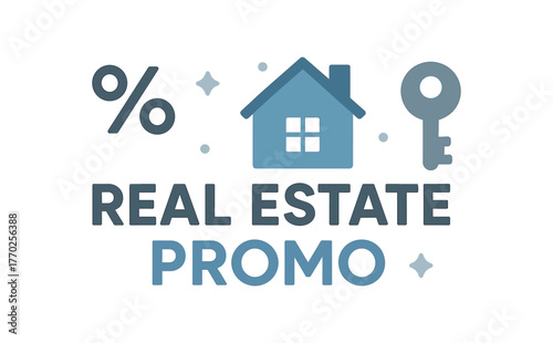 Flat vector banner design text REAL ESTATE PROMO supporting icons of percent house and key gray and blue palette isolated on white marketing approved bright palette with balanced saturation