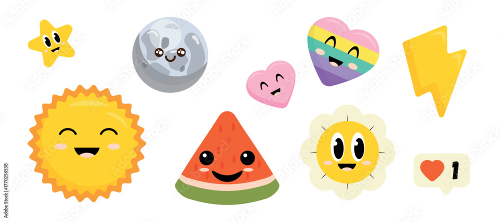 Obraz premium Set of funny, smiling faces of characters in cartoon style. Vector illustration of characters with emotions: star, planet, sun, hearts, lightning, watermelon, flower isolated on white background.